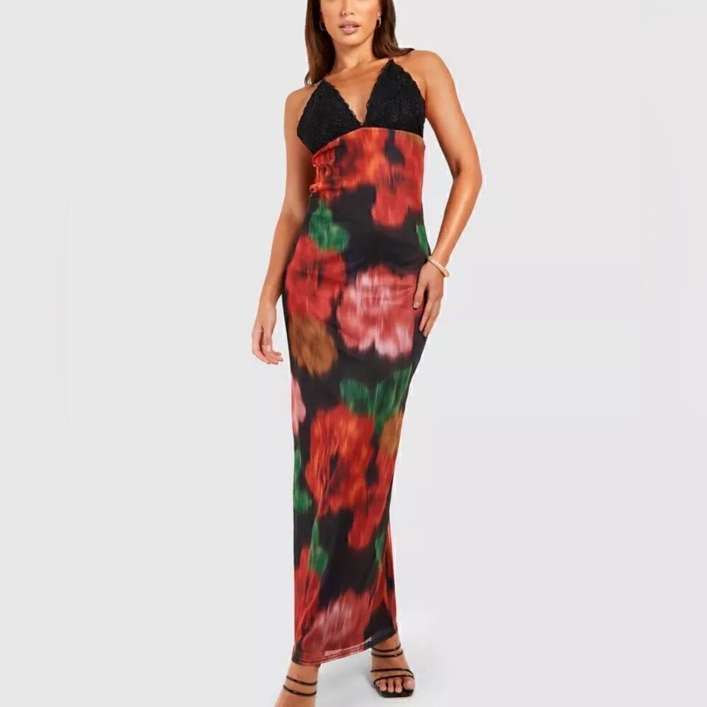 Boohoo Tall Blurred Floral Lace Bust Maxi Dress Black 10 NWT IN PACKAGE